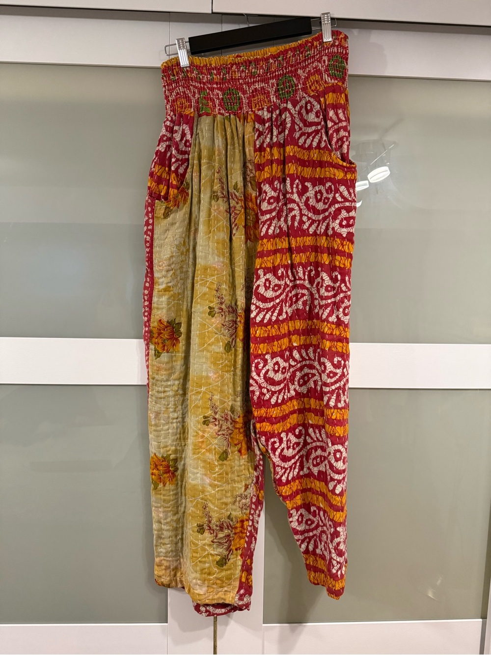 Boho Kantha Free Size Floral & Bandhani Harem Pants - Red & Mustard Floral